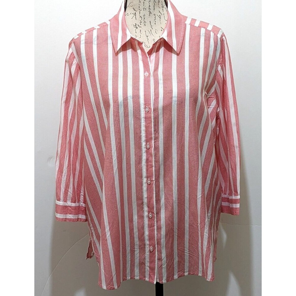 Chico's  Cotton Silk  Blouse  2 (L) Red White Stripe Button Down 3/4 Sleeve